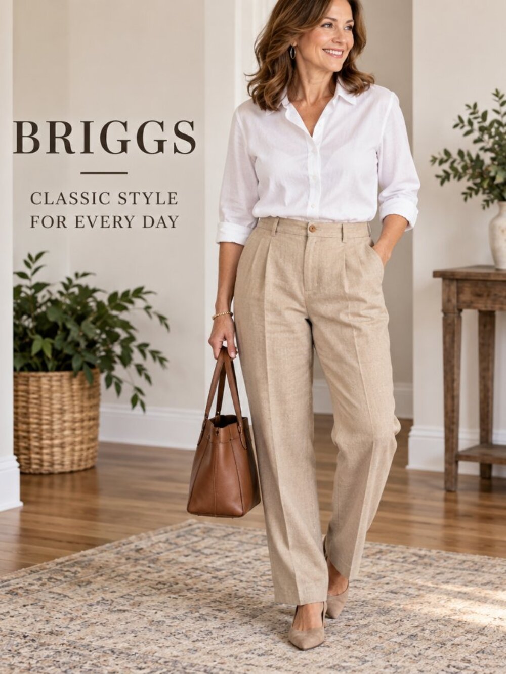 Vintage Briggs Size 14 Tan Linen-Blend Pleated Comfort Waist Pants